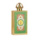 Frasco de perfume dourado com tampa em forma de coroa, decorado com padrões florais verdes e detalhes em vermelho. O rótulo apresenta o nome "Queen of Arabia" em árabe e inglês.