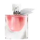 Frasco de perfume Lancôme La Vie Est Belle com tampa decorada, contendo líquido rosa brilhante. Embalagem de vidro transparente com detalhes prateados. Produto com aparência elegante e sofisticada.