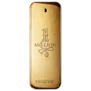 Frasco de perfume dourado da marca Rabanne, com o nome "1 Million" gravado em relevo. O design é elegante e minimalista, com o logotipo da marca destacado.