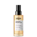 Frasco de óleo reparador Absolut Repair da L'Oréal Professionnel, com 90 ml de produto. Embalagem preta e dourada, com destaque para o nome do produto e informações sobre os benefícios do óleo de gérmen de trigo.