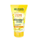 Gel de limpeza antibacteriano Garnier Skinactive Vitamina C, com embalagem amarela e branca, apresentando informações sobre uniformidade e matificação da pele.
