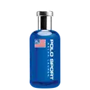 Frasco de perfume da marca Ralph Lauren, na cor azul, com rótulo em vermelho, branco e azul exibindo a bandeira americana e o nome "Polo Sport". O frasco possui um design cilíndrico com tampa metálica estriada.