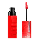 Produto de maquiagem da marca Maybelline, com embalagem vermelha e preta, contendo um aplicador de rímel vermelho. O produto é identificado como "Superstay Vinyl Ink" e possui um design moderno e chamativo.