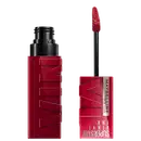 Batom líquido vermelho em embalagem preta e vermelha com texto "Maybelline New York Super Stay Ink Crayon" em destaque.