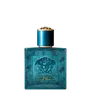 A imagem mostra o frasco de perfume da Versace, com cor azul brilhante. O topo do frasco apresenta o icônico emblema da Medusa, e tampa dourada com detalhes texturizados. Na frente, a marca escrito em amarelo e o nome do perfume abaixo.