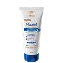 Embalagem plástica branca e azul de 200ml. Rótulo com texto descrevendo os benefícios para peles secas e muito secas, como nutrição por 48 horas, ação antioxidante e preservação da barreira protetora.