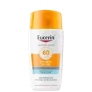 Frasco branco e laranja da marca Eucerin contendo protetor solar com FPS 60, com texto "Proteção Solar" e "Hydro Fluid" em destaque.