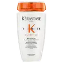 Frasco branco com tampa laranja da marca Kérastase do shampoo Nutritive Bain Satin 250ml com proteínas vegetais e niacinamida, indicado para cabelos secos.
