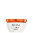 Frasco branco com tampa laranja da linha Nutritive da Kérastase, contendo 200 ml de máscara capilar à base de proteínas vegetais e niacinamida.