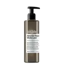 Frasco de sérum de cabelo L'Oréal Professionnel Absolut Repair Molecular, com bomba doseadora preta. Rótulo branco e cinza com informações sobre o produto, que promete reparação molecular do cabelo.