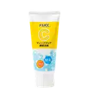 Tubo de produto de limpeza facial da marca Melano CC, com embalagem branca e amarela destacando o ingrediente vitamina C. O rótulo apresenta informações sobre o produto em japonês.