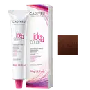 Caixa e tubo de creme de coloração permanente da marca Cadiveu Professional, com tecnologia Irisoft. Embalagem em tons de rosa e roxo, com texto "Idea Color" destacado.