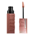 Produto de maquiagem Maybelline Super Stay Vinyl Ink, com embalagem preta e rosa, contendo um aplicador de ponta macia para aplicação do produto líquido de longa duração.