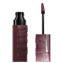 Frasco de maquiagem Maybelline Super Stay Vinyl Ink, em tom de vinho escuro, com aplicador em formato de pincel. Rótulo com o nome da marca e do produto em destaque.