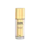 Frasco de produto de beleza da marca ISDIN, com embalagem dourada e branca, contendo a inscrição "MELACLEAR ADVANCED". O produto apresenta um design elegante e minimalista.