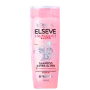 Frasco rosa de shampoo Elseve Glycolic Gloss, com rótulo destacando o complexo com ácido glicólico e promessa de combate à porosidade e brilho extra. Embalagem de 400 ml.