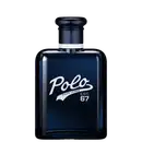 Frasco de perfume Polo da Ralph Lauren em tom azul escuro com rótulo branco destacando o nome Polo 67. Embalagem elegante e minimalista com tampa preta.