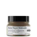 A imagem mostra a máscara capilar da marca L'Oréal Professionnel da linha Absolut Repair Molecular", indicada para reparar a estrutura molecular dos cabelos. O frasco é marrom com uma tampa preta e rótulo branco.