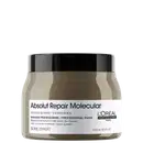A imagem mostra a máscara capilar da marca L'Oréal Professionnel da linha Absolut Repair Molecular", indicada para reparar a estrutura molecular dos cabelos. O frasco é marrom com uma tampa preta e rótulo branco.
