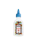 A imagem mostra um frasco plástico branco com tampa azul e rótulo com fundo azul claro e desenhos de mamão, além de informações do produto como marca, tipo de produto e, no rodapé do rótulo, a volumetria.