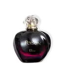 A imagem mostra o perfume em frasco de vidro em forma de coração com tampa de cristal facetado. O frasco é preto com detalhes em vermelho escuro, com o líquido translúcido no interior. Na parte frontal do frasco está escrito "Poison" em letras douradas.