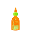 Produto multifuncional para cabelos com óleo de brilho e limpeza. Embalagem plástica laranja com tampa verde. Rótulo com texto "Papo Reto" e informações sobre o uso para ressecamento, frizz, porosidade e emborrachamento. Volume de 50ml.