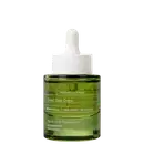 Frasco de vidro verde com conta-gotas branco contendo um soro facial da marca Korres, com rótulo indicando "Velvet Skin Drink" e ingredientes como Resveratrol e Santorini Grape.