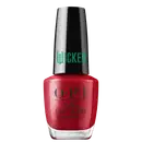 Produto de esmalte de unhas OPI da linha Wicked. Frasco de vidro transparente com tampa preta. O esmalte tem uma cor vermelha intensa. O rótulo exibe o logotipo OPI em letras pretas, com o nome "Wicked" em verde na tampa.