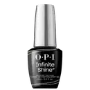 OPI Infinite Shine, um esmalte de unhas top coat de efeito gel. Embalagem em frasco de vidro com tampa prata. Rótulo preto na base com o logotipo OPI e o nome "Infinite Shine Gel-Like Top Coat" em letras brancas.