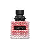 Frasco de perfume Valentino com design geométrico em vidro rosa e detalhes em preto, contendo o nome da marca em destaque.