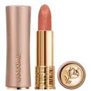 Embalagem dourada e rosa de um batom da marca Lancôme, com o nome da marca em relevo. O batom possui uma cor coral vibrante e a tampa da embalagem apresenta um desenho floral dourado.