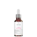Frasco de vidro marrom com conta-gotas branco contendo o produto "PDRN Cell Booster" da marca Adcos. Rótulo branco com informações sobre o produto, incluindo seu nome, benefícios e ingredientes ativos.