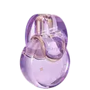 Item de perfumaria em formato oval, com tampa e corpo transparentes em tons de roxo e rosa. O rótulo exibe a marca "BVLGARI" em letras douradas. O produto possui um design elegante e sofisticado.