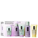 Caixa de kit de rotina de pele saudável para pele seca e mista. Contém limpador, esfoliante, loção clarificante e hidratante. Embalagem com frascos e tubos nas cores verde, lilás e amarelo com logotipo da marca Clinique.