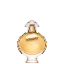 Perfume Olympéa Elixir Rabanne Eau de Parfum Intense, recipiente dourado em forma de cúpula com detalhes em relevo. Possui tampa arredondada e corpo esculpido com linhas curvas. Rótulo com nome da marca "Rabanne" em destaque. 