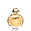 Perfume Olympéa Elixir Rabanne Eau de Parfum Intense, recipiente dourado em forma de cúpula com detalhes em relevo. Possui tampa arredondada e corpo esculpido com linhas curvas. Rótulo com nome da marca "Rabanne" em destaque. 