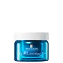 Frasco de creme facial da linha Hyalu B5 da La Roche-Posay, com embalagem de vidro azul brilhante e tampa branca. O rótulo destaca os benefícios de preenchimento, reparação e firmeza da pele.