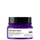 Frasco de máscara capilar profissional Keratin Alpha Sleek da L'Oréal Paris, com 250 ml de volume, em embalagem de vidro de cor roxa brilhante e tampa preta.