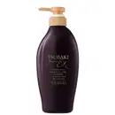 Frasco de condicionador Tsubaki Premium EX de 450ml, com embalagem roxa escura e rótulo dourado destacando os benefícios do produto.