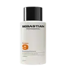 Frasco branco com rótulo preto da marca Sebastian Professional, contendo shampoo da linha Potion 9 para cabelos nutridos.