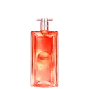 Frasco de perfume da marca Lancôme, com formato retangular e tampa rosada, em cor laranja vibrante.