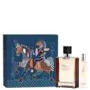 Caixa azul-marinho com ilustração gráfica colorida e frascos de perfume Terre d'Hermès Eau de Parfum Intense, com embalagem e rótulos característicos da marca Hermès.