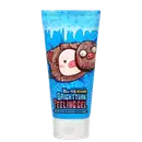 Produto de beleza Elizavecca Bright Turn Peeling Gel em embalagem azul com ilustrações de porcos e textura de gel. Contém informações sobre o produto, como "Hell-Pore Vitamin" e "Bright Turn".