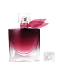 Frasco de perfume Lancôme com design elegante em tons de rosa e vermelho, com tampa decorada com elemento brilhante. Embalagem minimalista e sofisticada, com destaque para a cor e formato do recipiente.