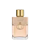 Frasco de perfume Guess Iconic com embalagem em tons de bege e dourado, contendo o logotipo da marca em destaque. O design é elegante e minimalista, com detalhes metálicos que conferem um aspecto sofisticado ao produto.