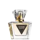 Frasco de perfume Guess Seductive com design geométrico em vidro transparente e detalhes dourados, rótulo preto com logotipo triangular.