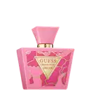 Frasco de perfume Guess Seductive Dream, com embalagem rosa e detalhes dourados, incluindo um rótulo triangular com o nome da marca e a descrição do produto.