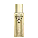 Frasco de perfume Guess Sexy Skin Metallique Champagne, com embalagem dourada e textura de couro, rótulo preto com logotipo triangular da marca.