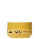 Pote amarelo com rótulo "VIZCAYA" contendo máscara hidratação intensiva para cabelos ressecados e sem brilho.
