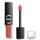 Embalagem preta e prateada de um produto Dior, com um aplicador de maquiagem rosado. O produto é um batom líquido da linha Dior, com a marca Dior destacada na embalagem.